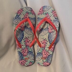 Vineyard Vines Pink and Blue Pineapple Patterned Sandals